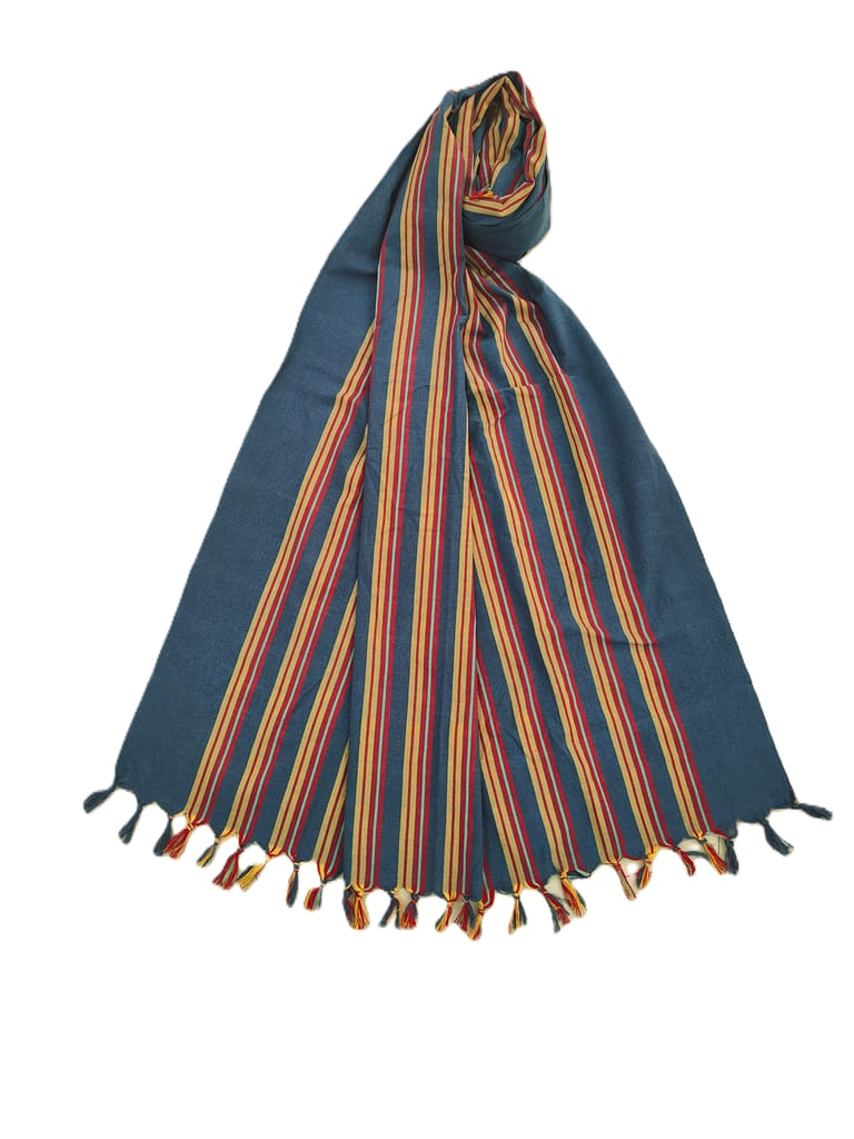 Dhaga Vishwas Ka Handloom Cotton Stole Blue With Red and Yellow Stripes view 2