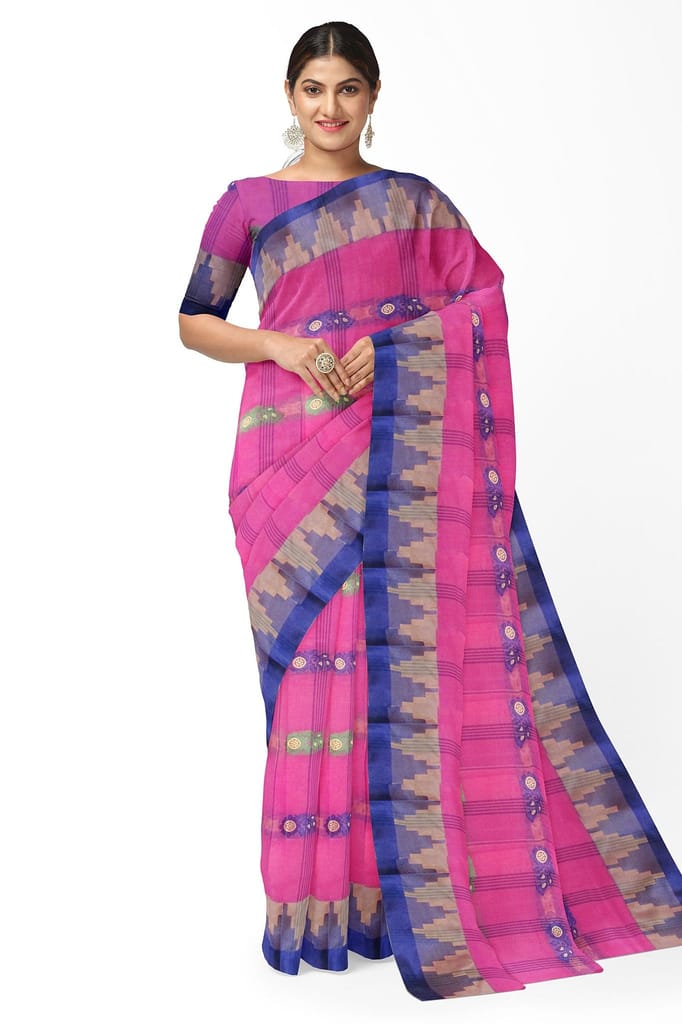 A Pink And Blue Tant Saree view 2