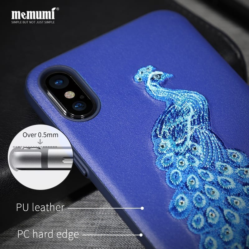 Memumi Peacock Series Real Embroidery Leather Back Cover for Apple iPhone X/10 PC + TPU-Blue (5.8") view 2