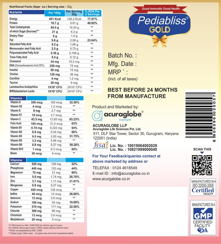 Acuraglobe PEDIABLISS GOLD | Specialized Health and Nutrition Drink Powder for kids growth and child development | 400gm (Chocolate)) view 2