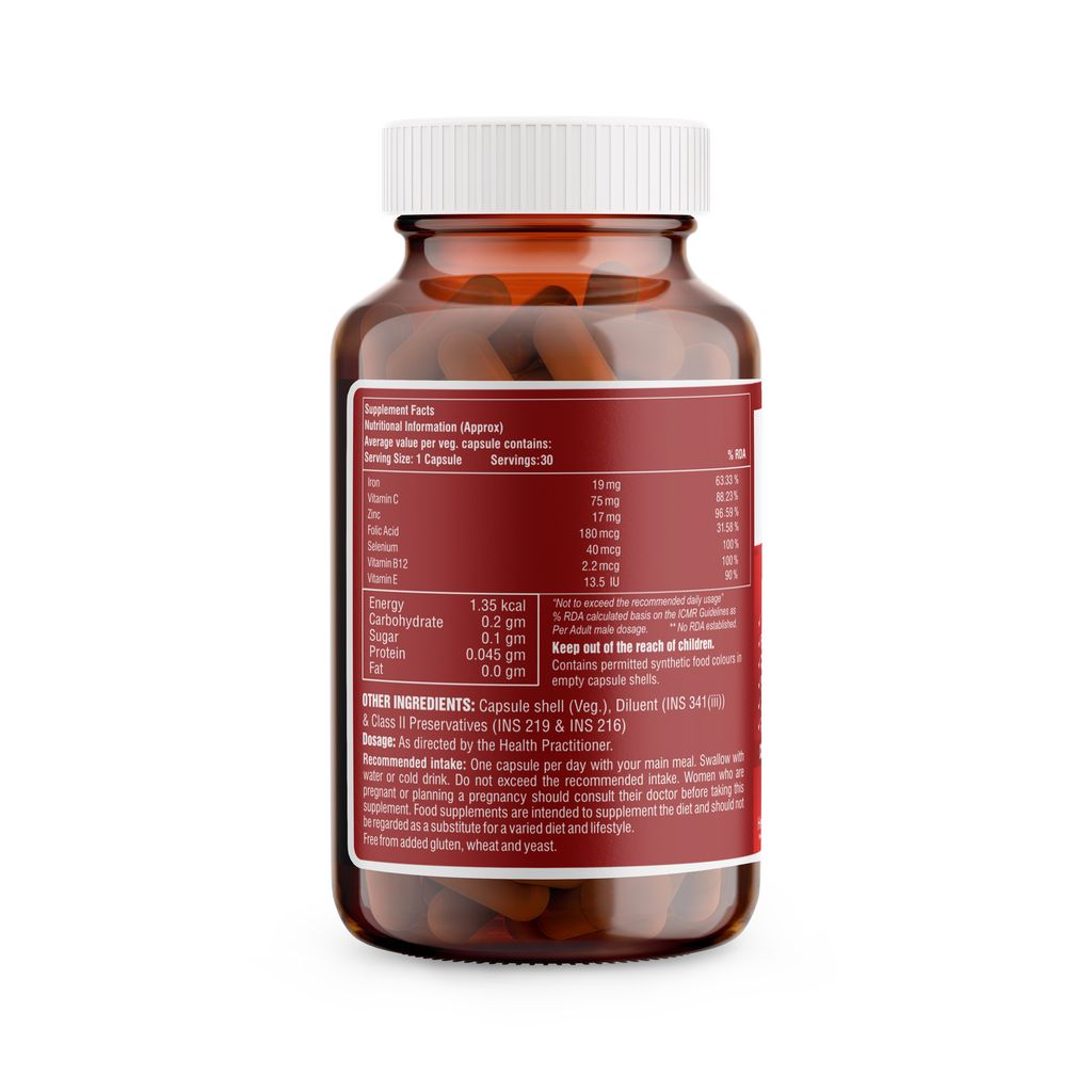 HealthBest Haemobest Iron Supplement | Iron, Folic Acid, Zinc & B12 for Hemoglobin Support, Energy & Immunity for Men & Women - 30 Capsules view 2