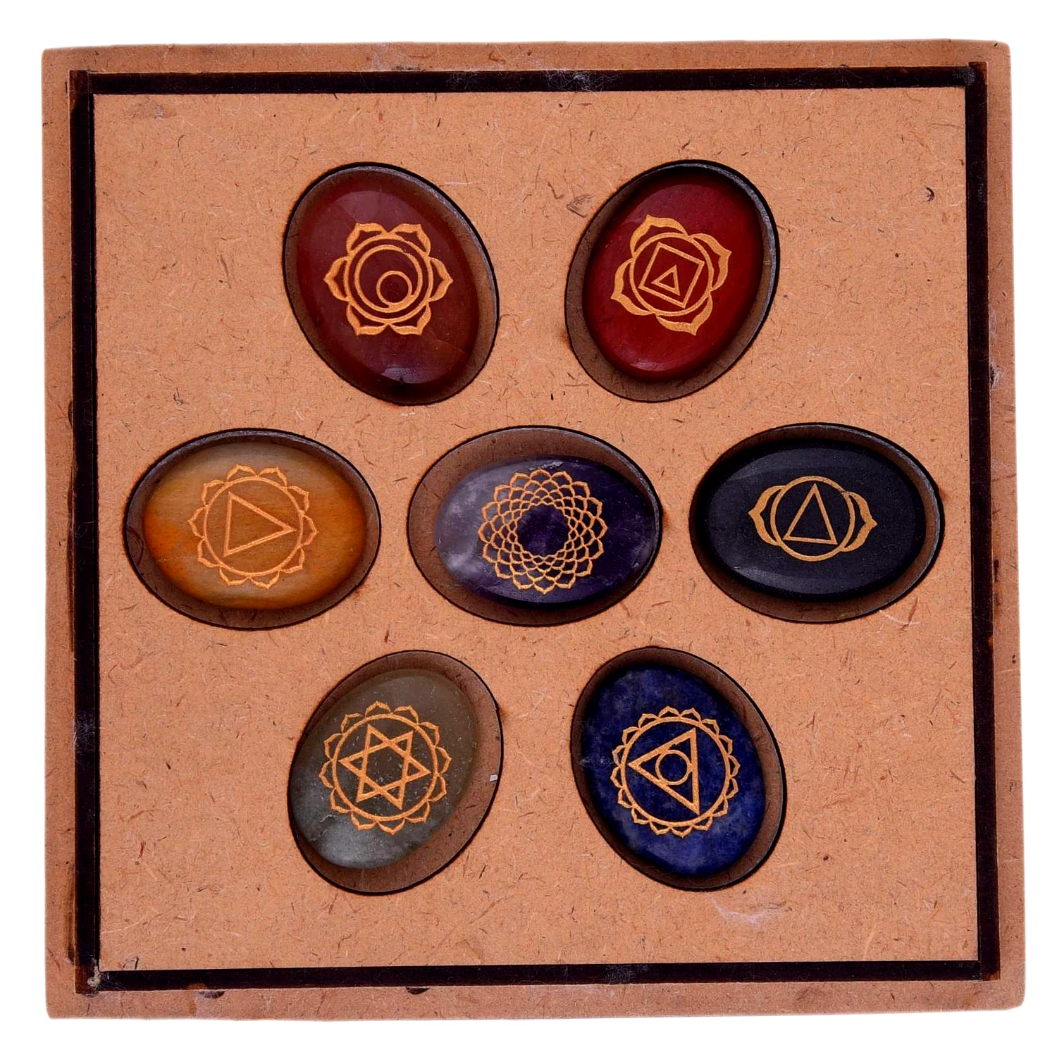 7 Chakra Stones Set Box Engraved, Spiritual Healing Meditation Plam Stones, Reiki 7 Chakra Crystal Set in Wooden Box(KI_03) by Krishna Impex view 2