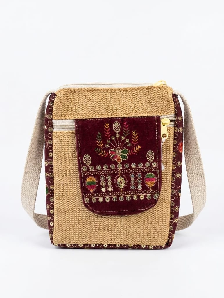 Handmade Beige Jute Sling Bag with Maroon Velvet Embroidery