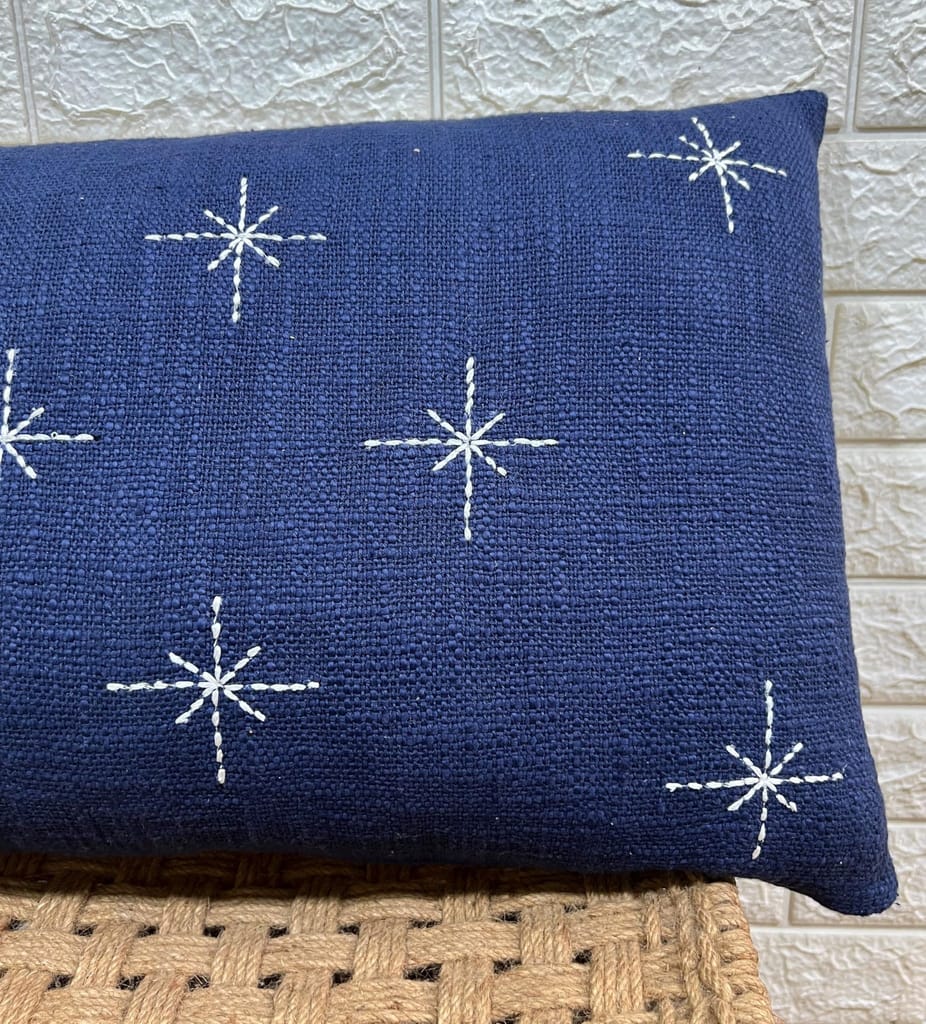 Indihomecraft Handicraft Cotton Cushion Cover - Hand Stitched Embroidery Decorative Art Boho Pillow Star Shape Blue Hand Made Pillow Cover | Square Shape 14X20 Inches Cushion Cover view 2