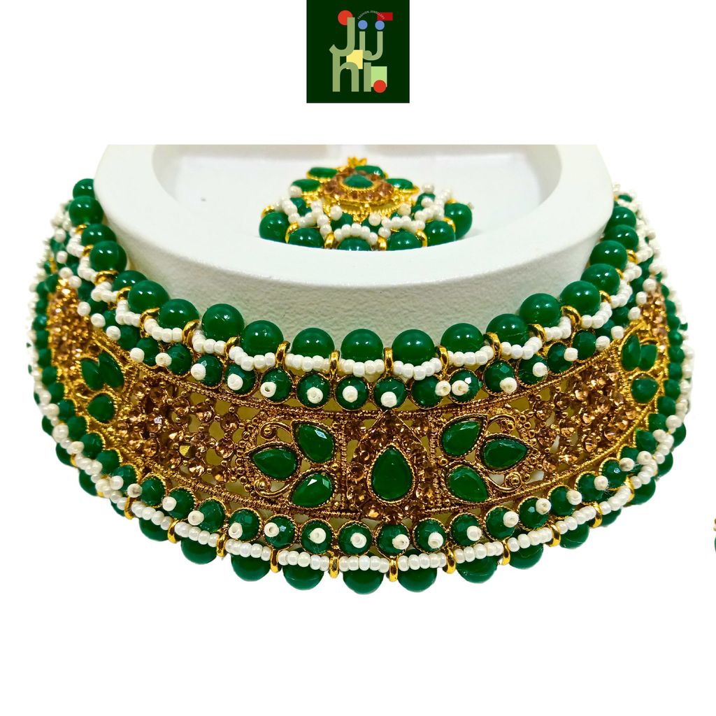 JUHI Luxury Handcrafted Gold Plated Necklace Jewellery Set with Earrings And Mangtika, Green beads, AD view 2