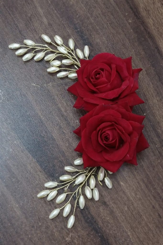 Artificial Rose with Pearl and Crystal Beads Pin view 2