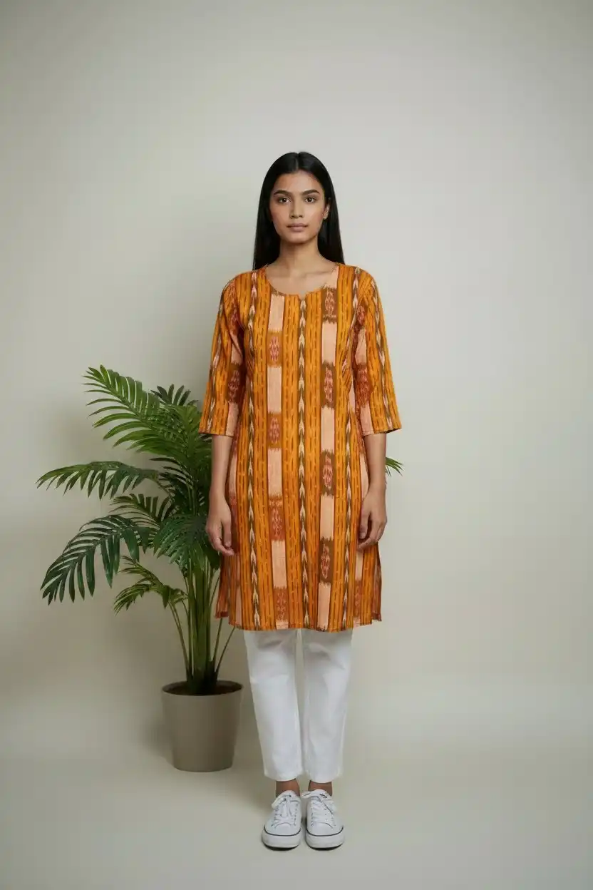 Sambalpuri Ikat Diamond Orange-Odisha Handloom Cotton Kurti