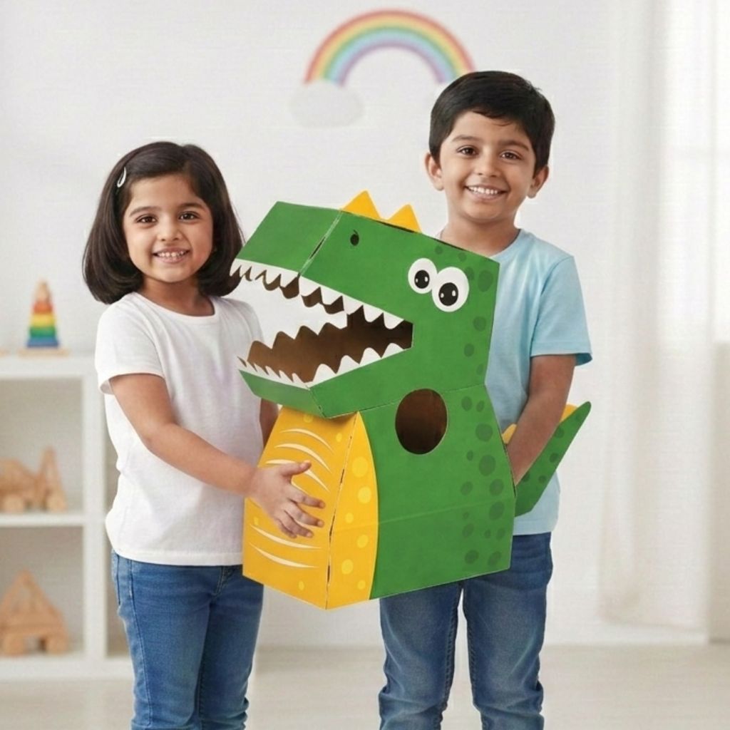 DIY Dinosaur Cardboard Costume for Kids 3+ | Wearable Animal Fancy Dress Set with Tape| Lightweight Eco Friendly Material, Easy Assembly, School Event Theme Use (Red Dinosaur) - D’bebé view 2