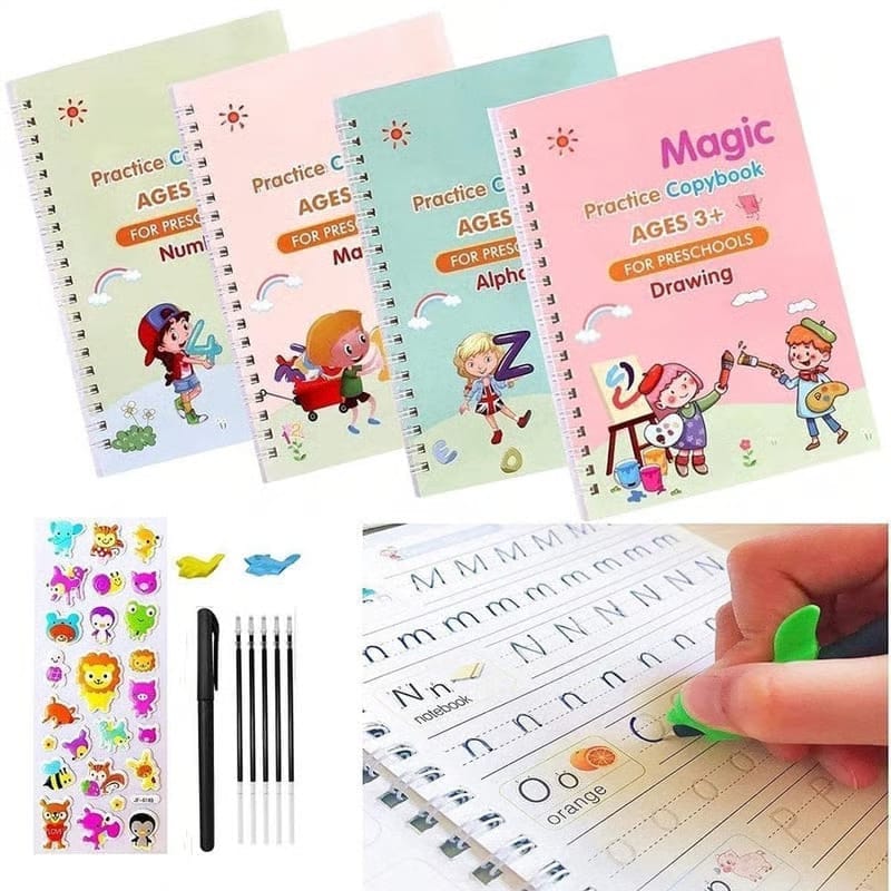 (4 Book+10 Refill) Magic Practice Copybook for Kids Reusable Number & Letter Tracing Books Drawing & Math Practice Books Print Handwriting Workbook for Beginners Preschoolers view 2