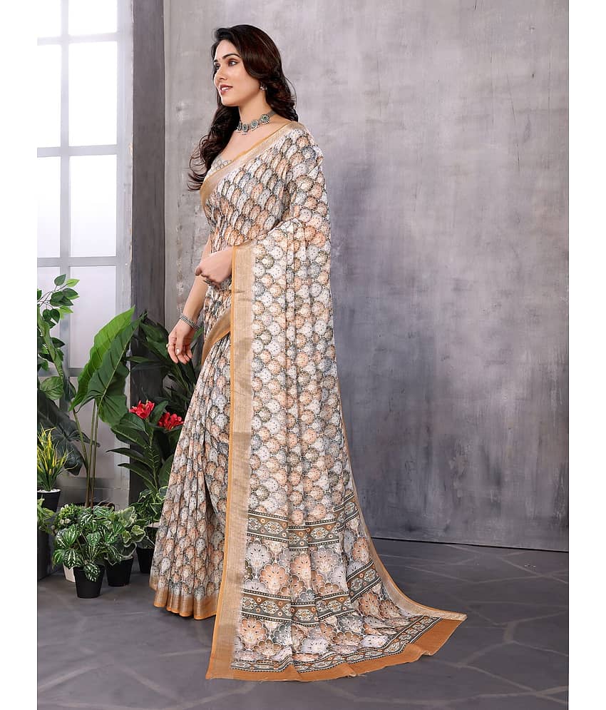 NightBlue Linen Printed Saree With Unstitched Blouse Piece ( Beige ) view 2