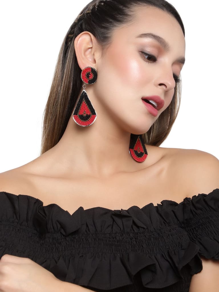 Cardinal Black & Maroon Color Beads Weaving Geometric Design Oxidized Earrings view 2