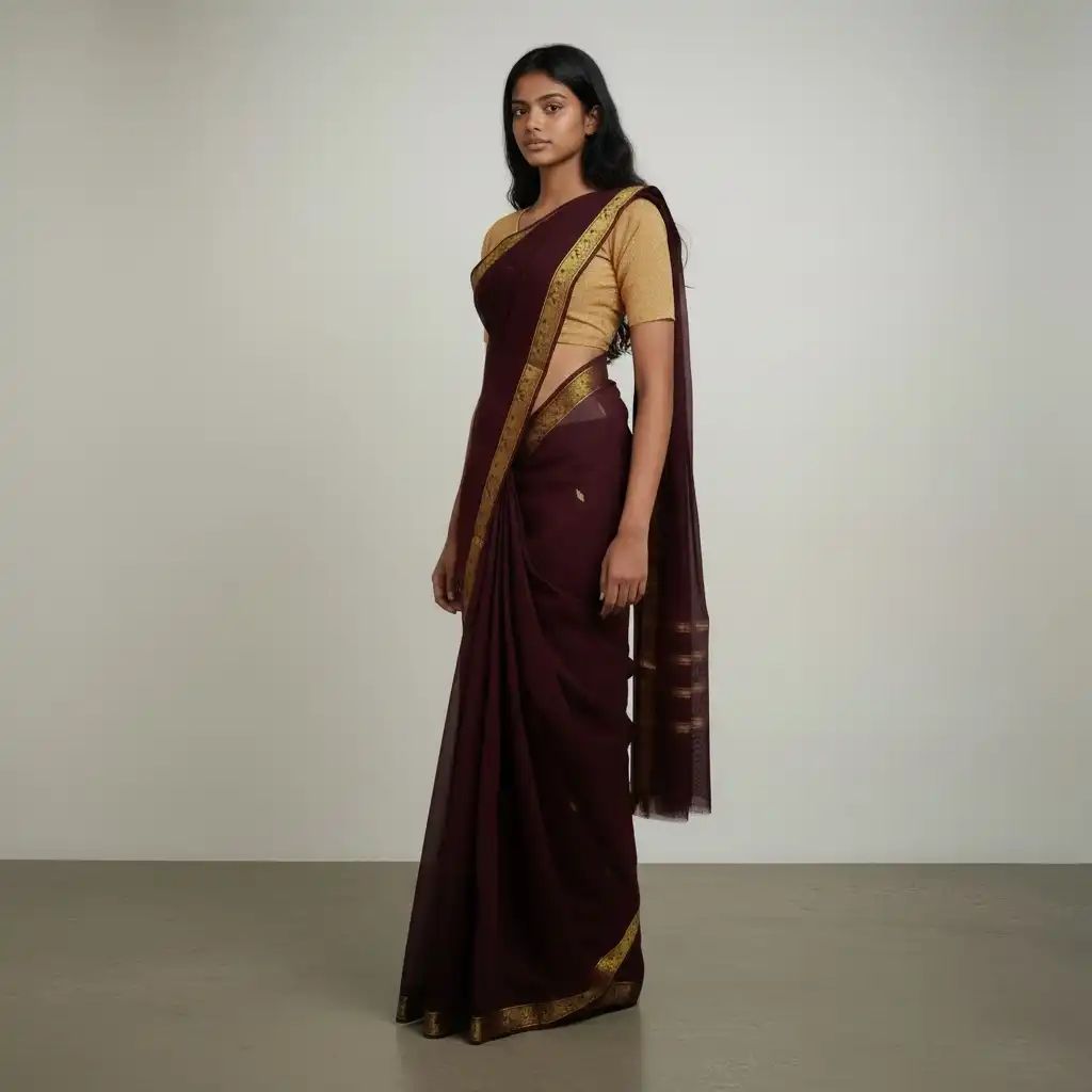 Handwoven Kanchipuram Cotton Saree in Brownish Red with Golden Border view 2
