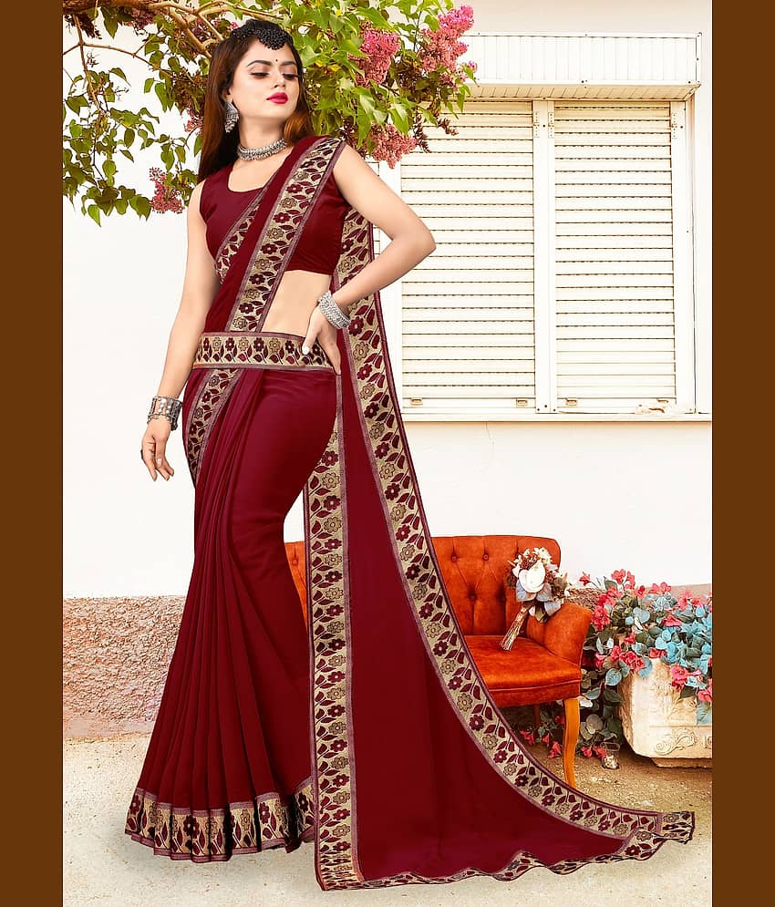 WXW Fashion Lycra Embroidered Regular Saree With Unstitched Blouse Piece ( Maroon ) view 2