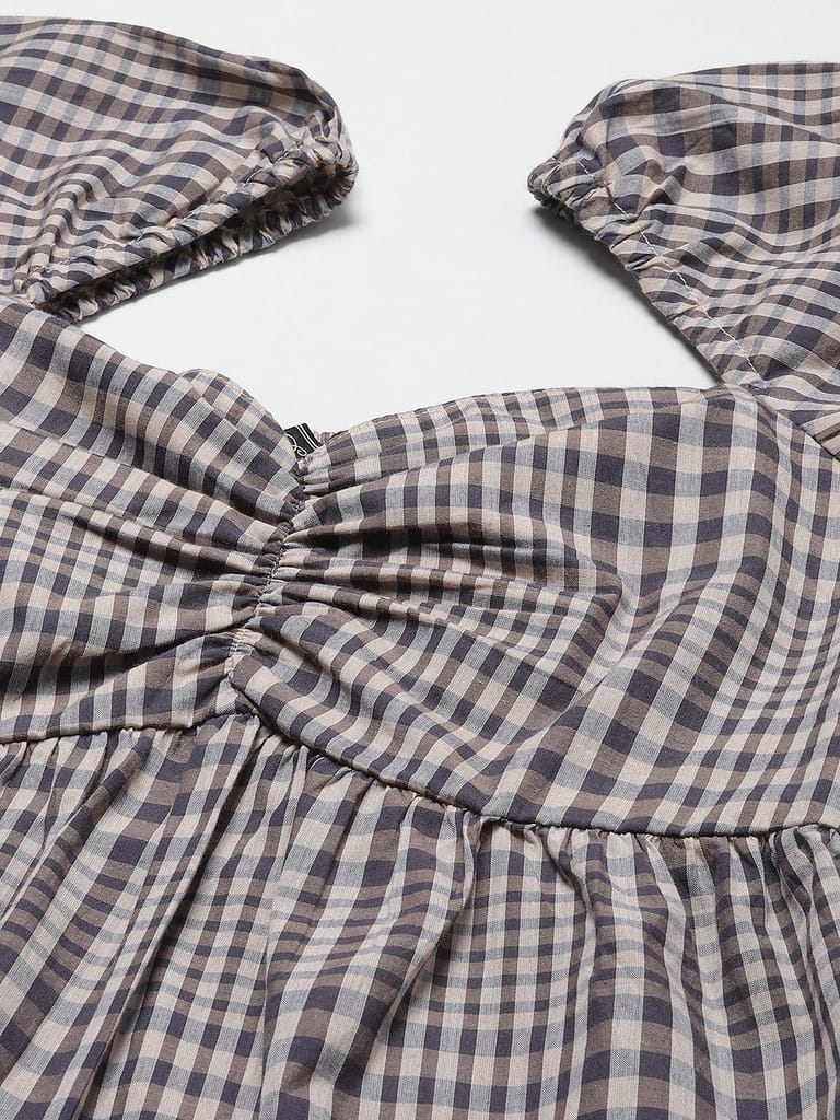 Grey & Black Checked Sweetheart Neck Twisted Top view 2