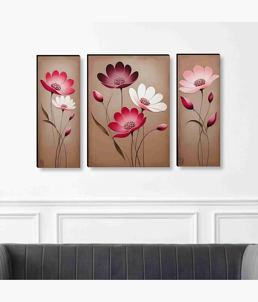 Livin'luxe 3D Effect Pink Floral Wall Art – 3 Panel Modern Blossom Painting on Beige Background for Hall, Office & Elegant Home Décor 12 Inch x 20 Inch view 2