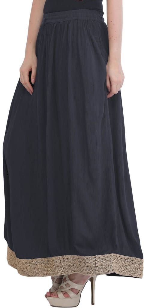 Insignia-Blue Plain Elastic Long Skirt with Golden Border view 2