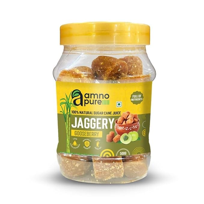 Amno Pure Natural Sugar Cane Jaggery 10G Cube with Gooseberry | Cholestrol free, Fat free, Full of Nutrinents with Gooseberry Benefits & 100% Natural - 500G Pet Jar