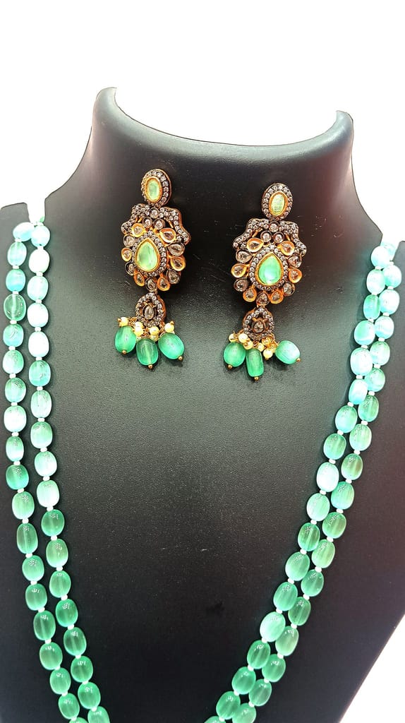 Green Stone Kundan Meenakari Necklace Set view 2