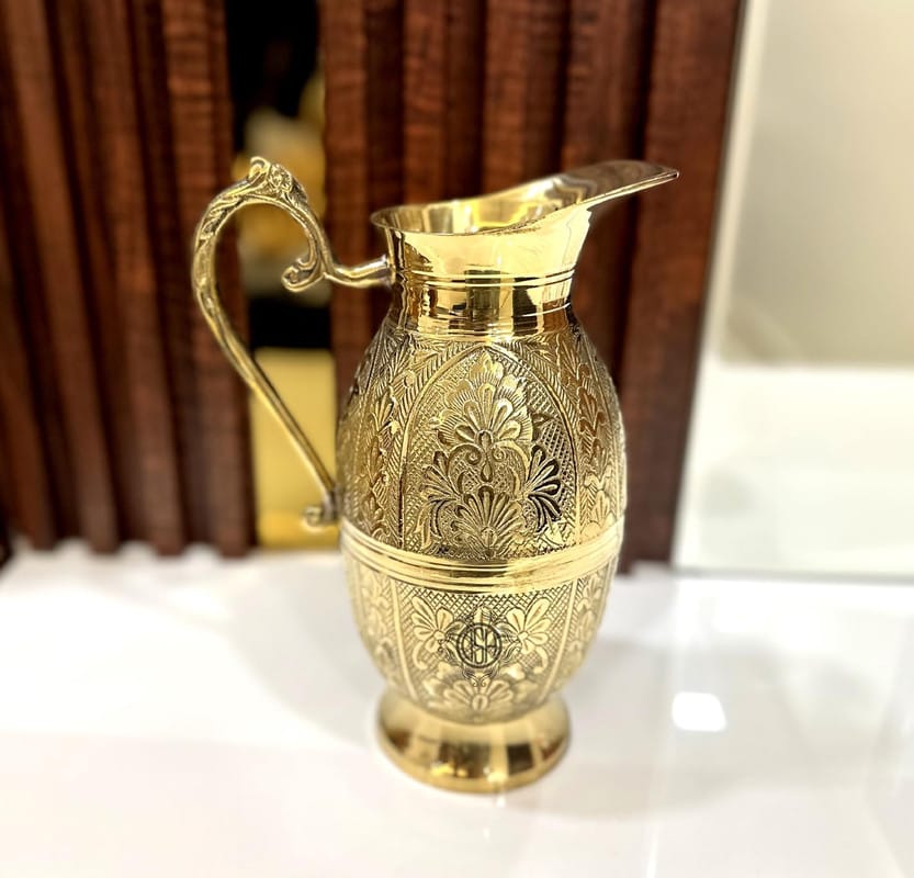 Pure Brass Water jug Mughlai Design Embossed Finish (1300 ml) Pitcher for Serving Drinking Water Home Decor Gift Item.(JUG-14-KING-EMBOS) view 2