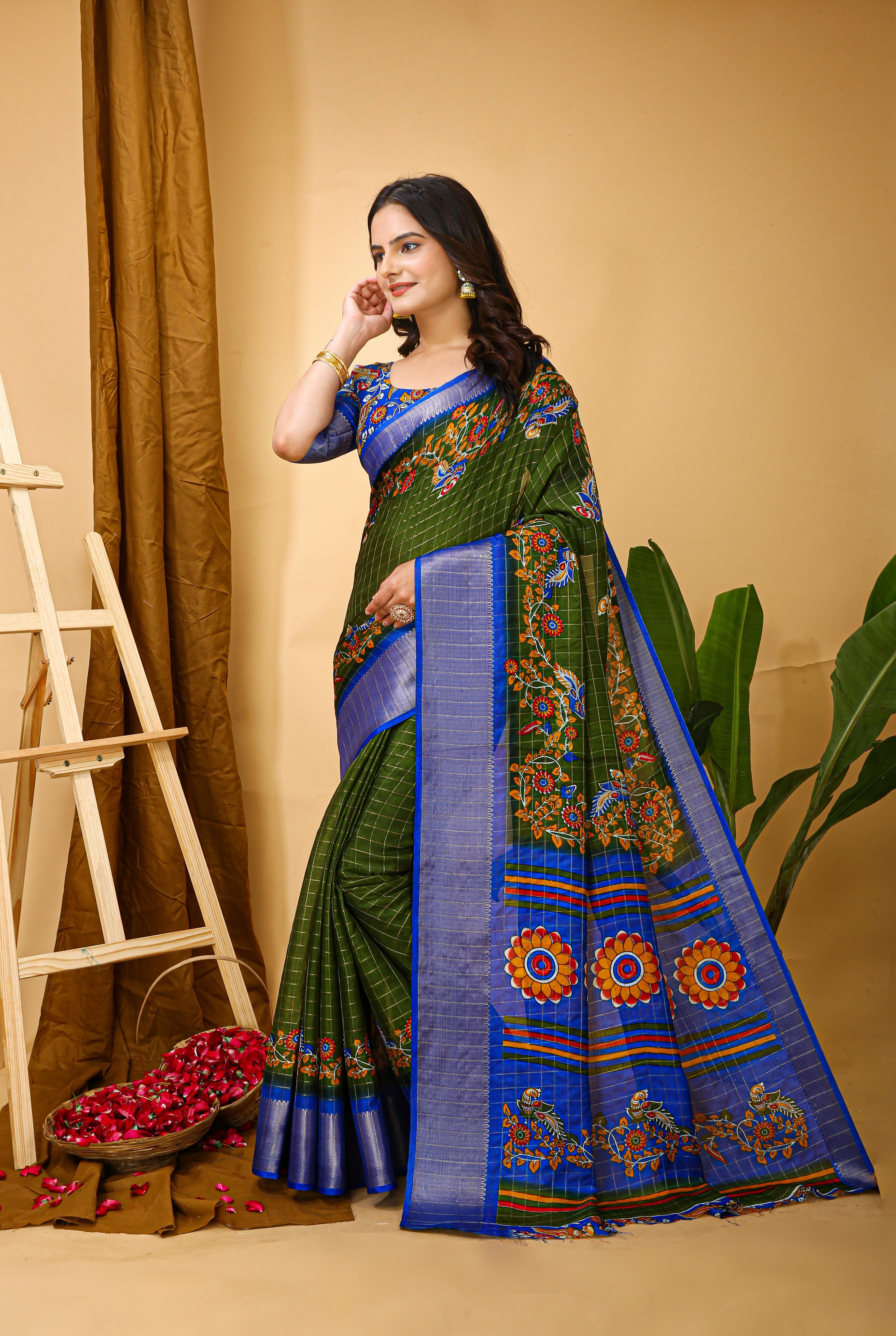 Kalamkari Print Dola Silk Saree view 2