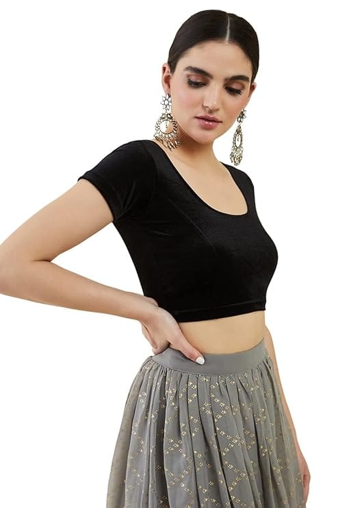 Black Velvet Short Sleeve Blouse with Round Neck for Women Pack of 2 view 2