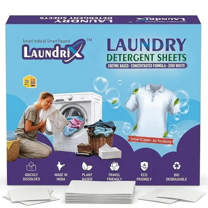 Laundrix™ Laundry Detergent Sheets | Powerful Stain Removal | Eco-Friendly, Pre-Measured, Travel Friendly | Dissolves in Hot & Cold Water | For Top & Front Load Washing Machine | Biodegradable (30 SHEET (UP TO 60 WASH))