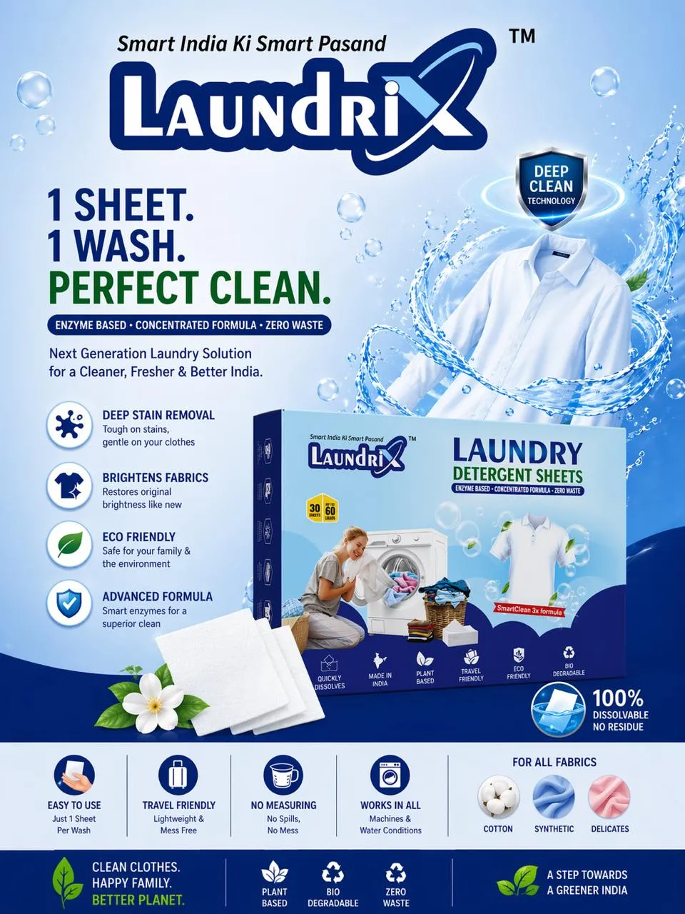 Laundrix™ Laundry Detergent Sheets | Powerful Stain Removal | Eco-Friendly, Pre-Measured, Travel Friendly | Dissolves in Hot & Cold Water | For Top & Front Load Washing Machine | Biodegradable (30 SHEET (UP TO 60 WASH)) view 2