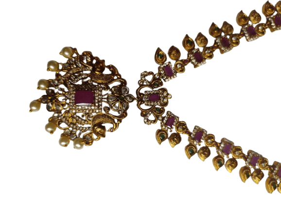 Gold-plated traditional Indian long haram necklace with matching earrings for women view 2