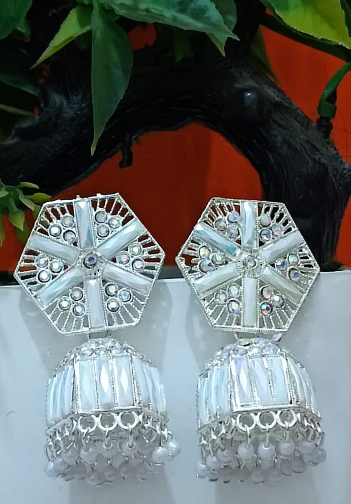 KD COLLECTIONS Traditional Ethnic Jhumka Earrings for Girls & Women - White view 2