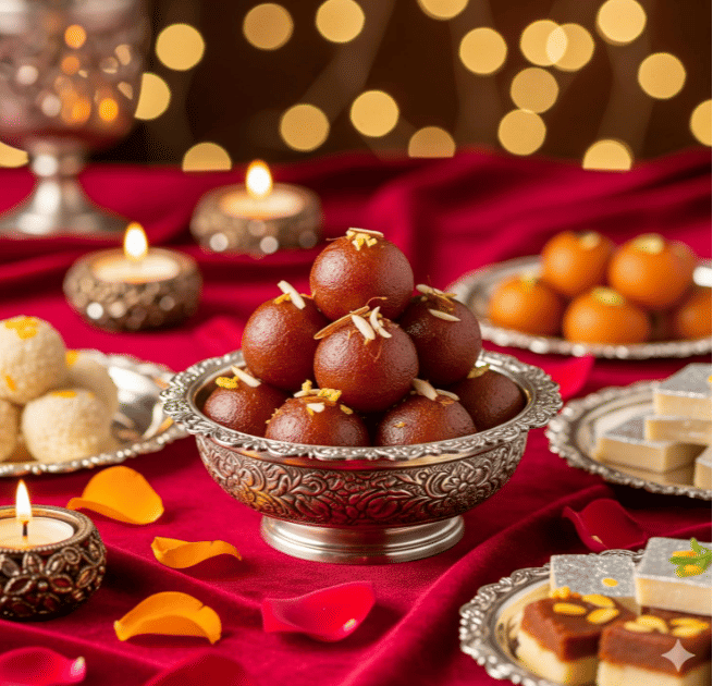Ghasitaram's Diwali Gift Hamper with Rossogulla + Gulab Jamun With Card + Pujathali view 2