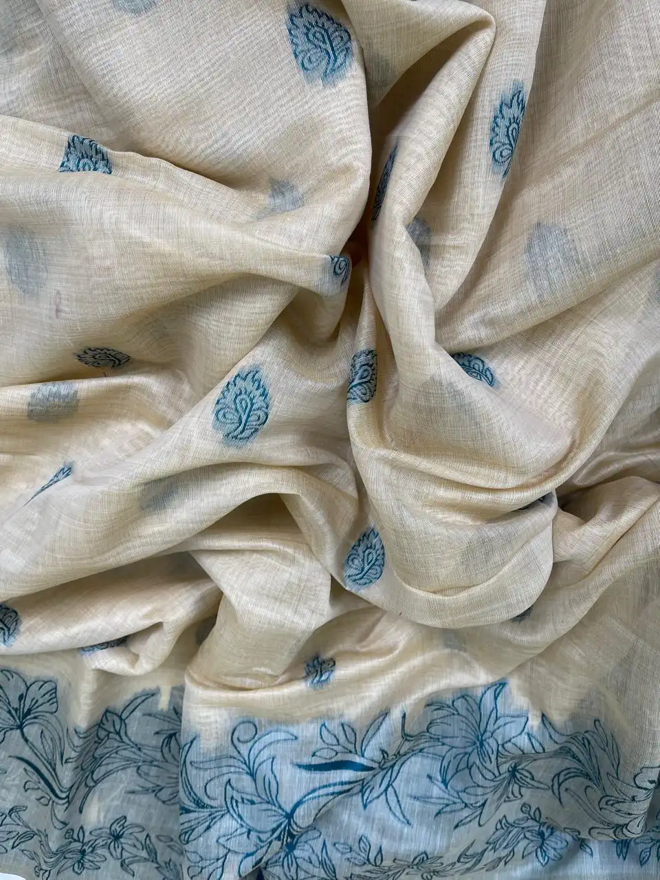 Odisha Handloom Cotton Saree Steel Blue Lily Border view 2