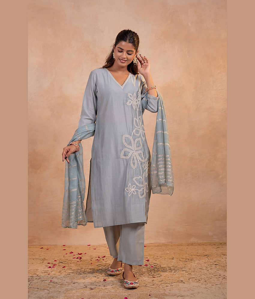 Juniper Women Viscose Embroidered Straight Kurti With Pants ( Grey ) view 2