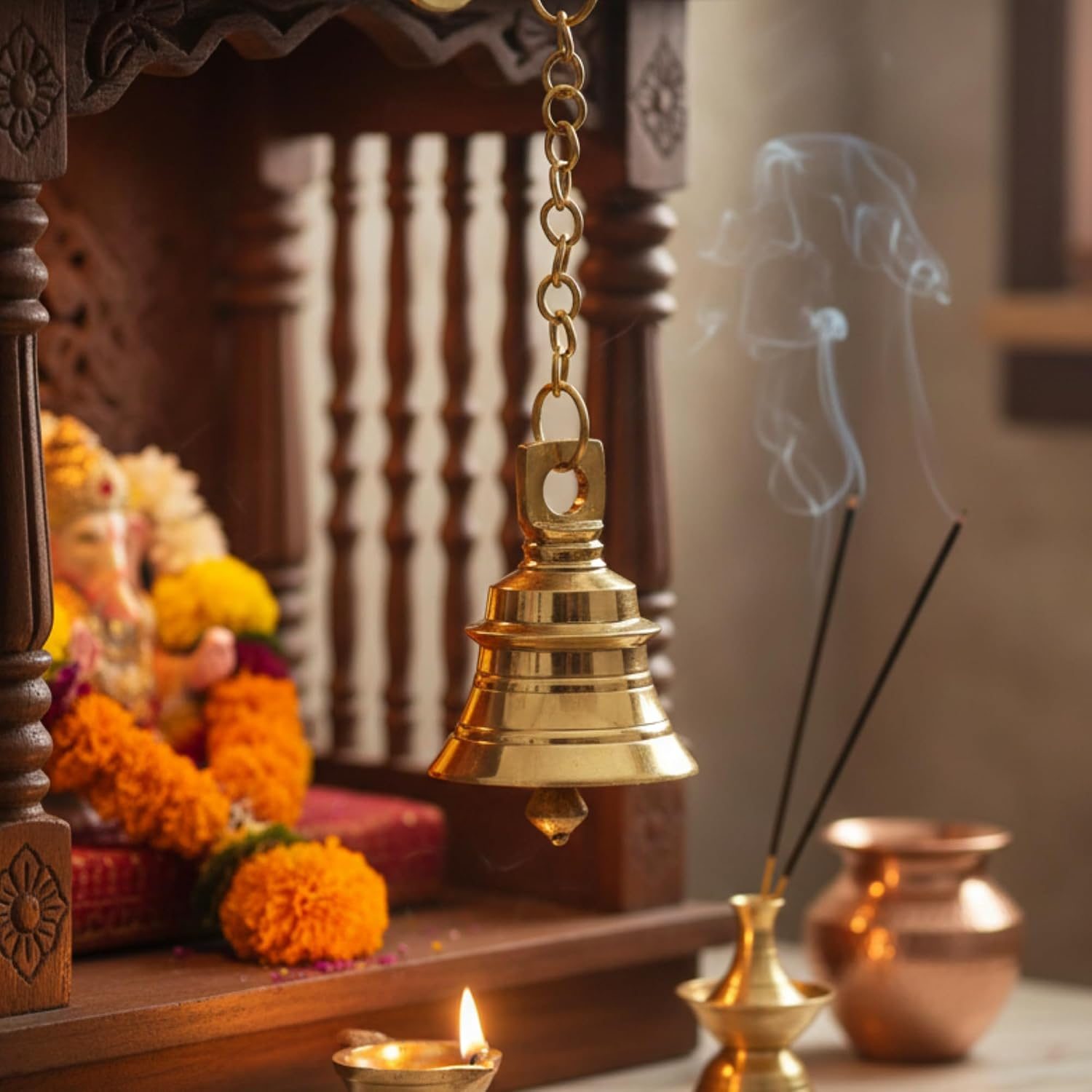 Aatm Handcrafted Brass Temple Bell with Chain - Traditional Indian Bell for Home, Door and Pooja Décor - 5 cm x 22.5 cm view 2