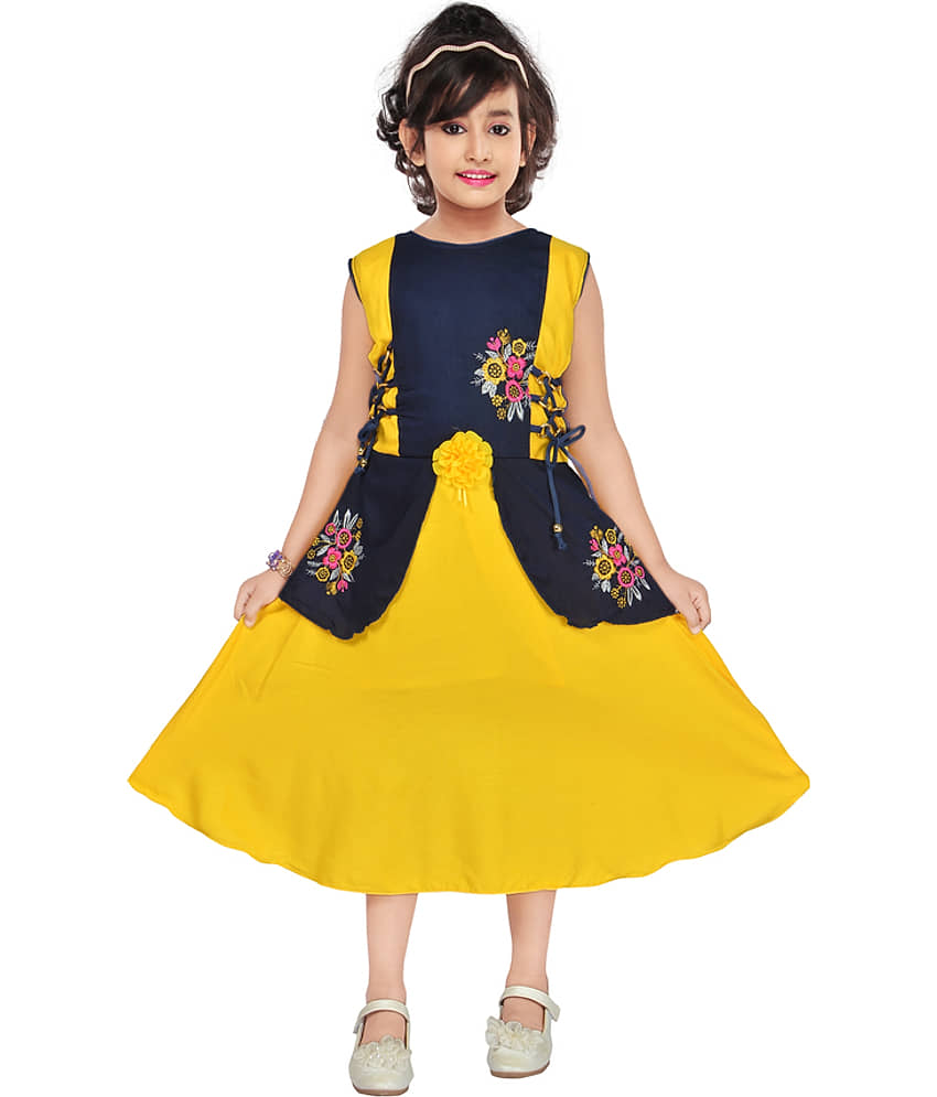 M. MONGELA DRESSES Cotton Blend Frock For Girls ( Pack of 1 , Yellow & Blue )