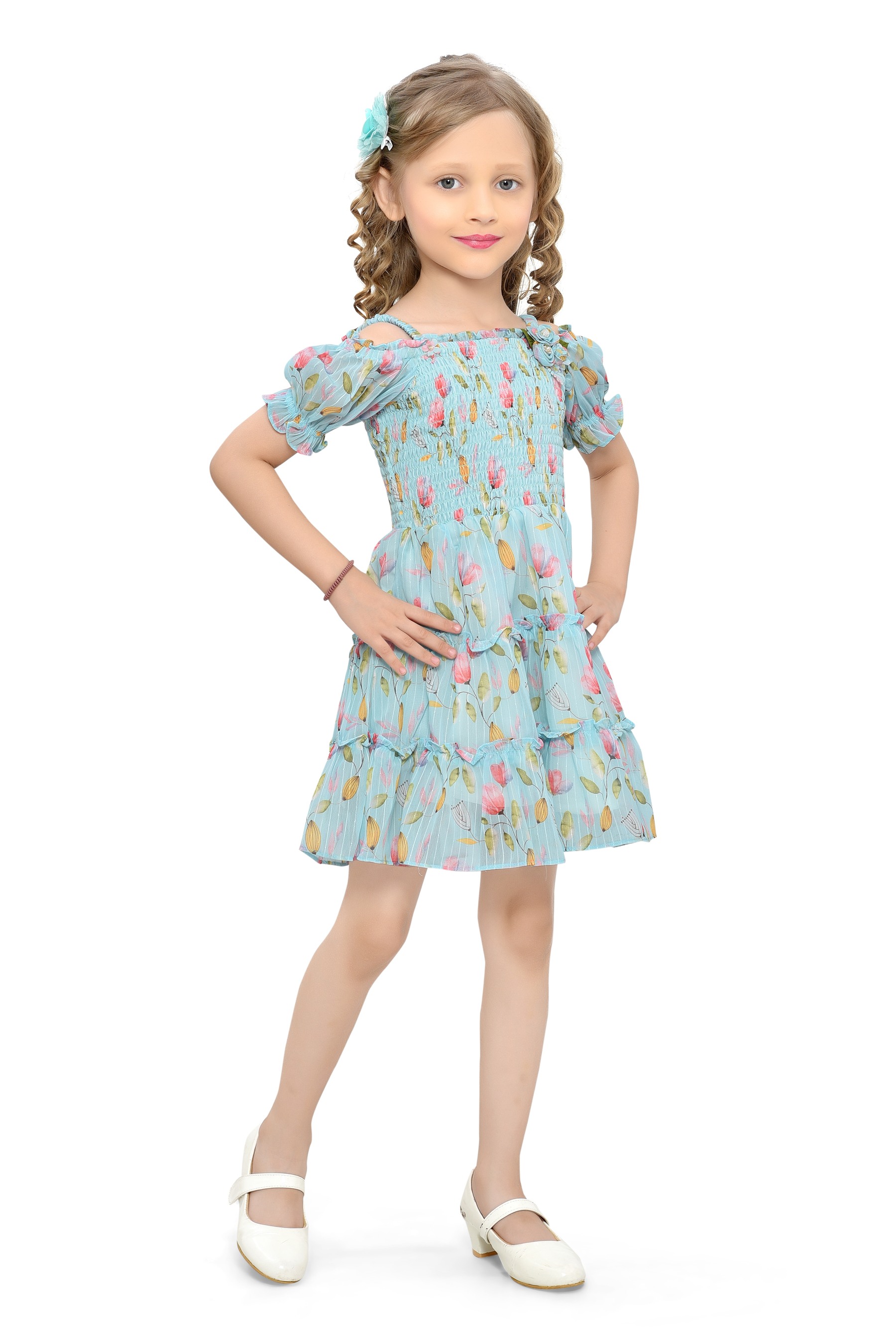 Be:Kids Blossom Bliss Blue Floral Smocked Dress with Puff Sleeves view 2