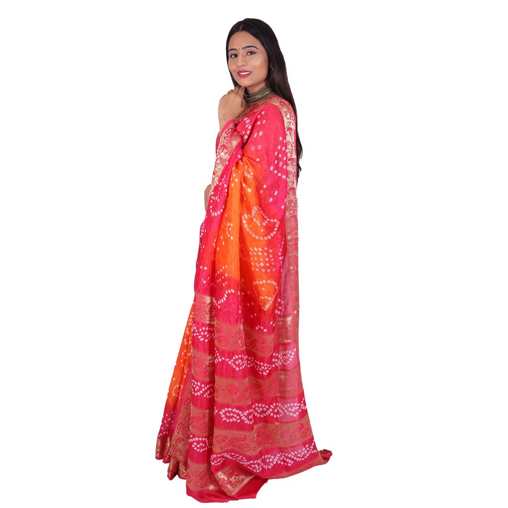 Tribes India Handwoven Orange and Neon Pink Bandhej saree view 2