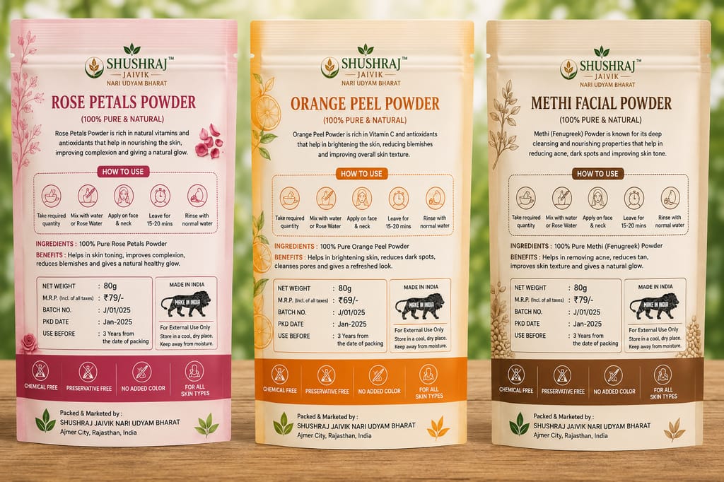 SHUSHRAJ JAIVIK Pure Natural Herbal Face Care Combo Pack | Rose Petals Powder 80g + Orange Peel Powder 80g + Methi Facial Powder 80g + FREE Aloe Vera Powder 20g | Total Net Weight 260g view 2