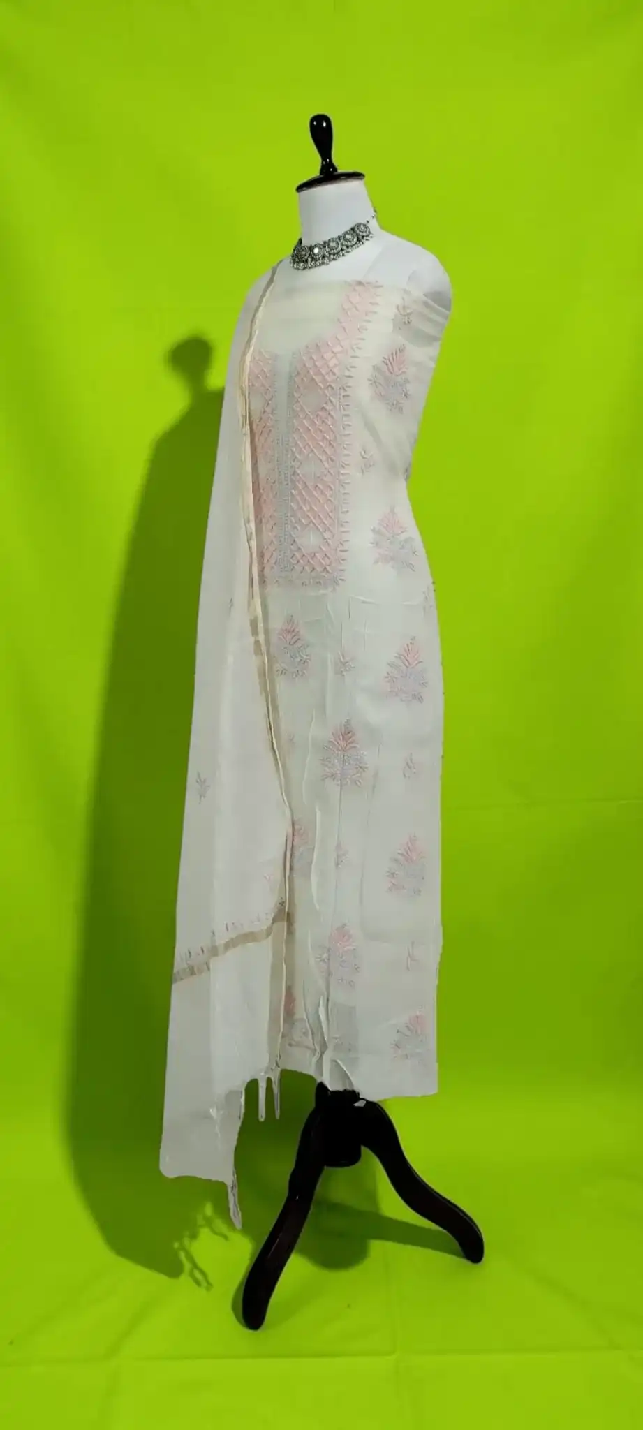 Lucknow Chikankari Dress Material in White and Ivory Mul Cotton view 2