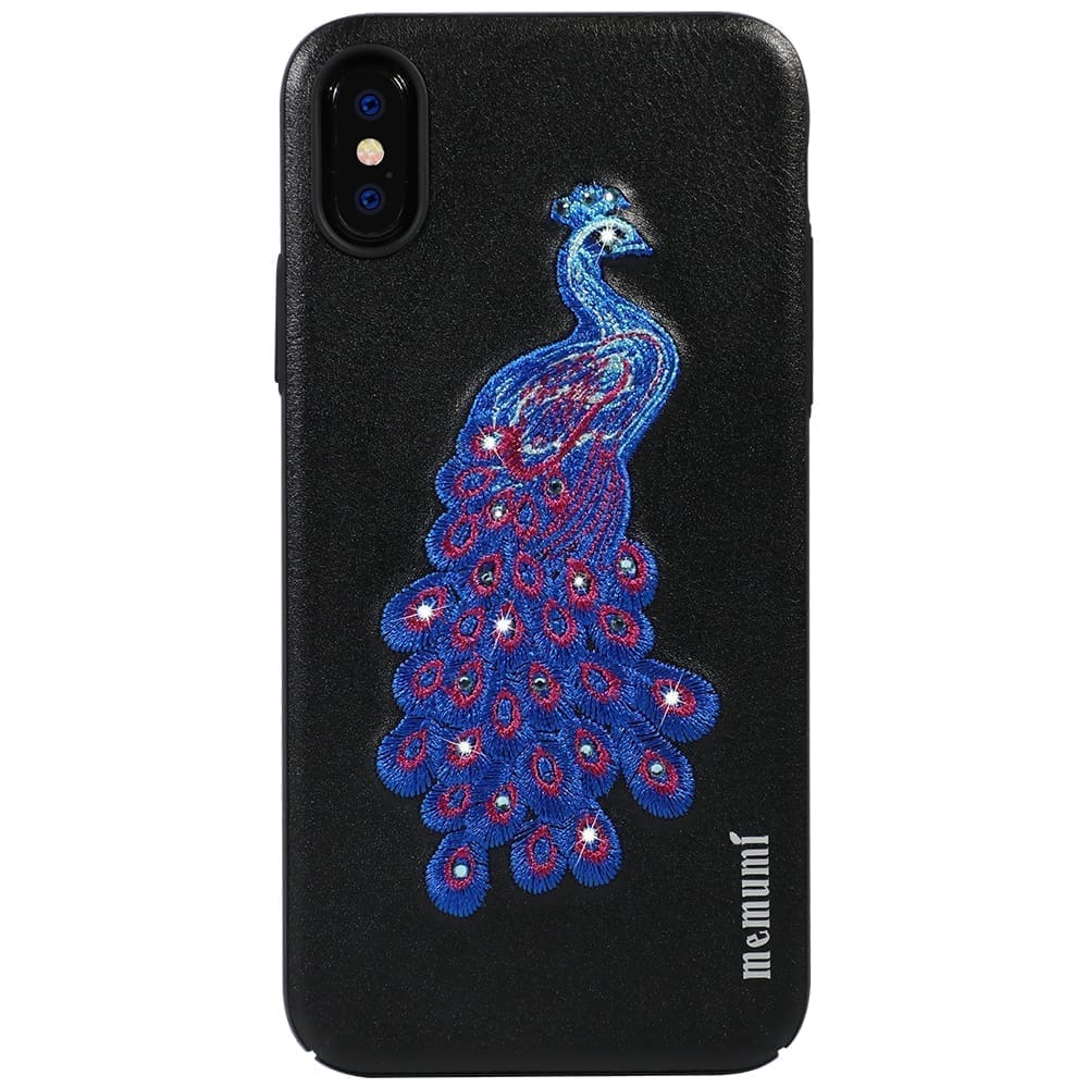 Memumi Peacock Series Real Embroidery Leather Back Cover for Apple iPhone X/10 PC+TPU-Black (5.8") view 2