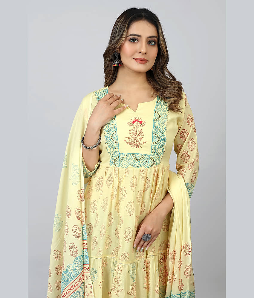 SARRAS - Yellow Flared Cotton Women's Stitched Ethnic Gown ( Pack of 1 ) view 2