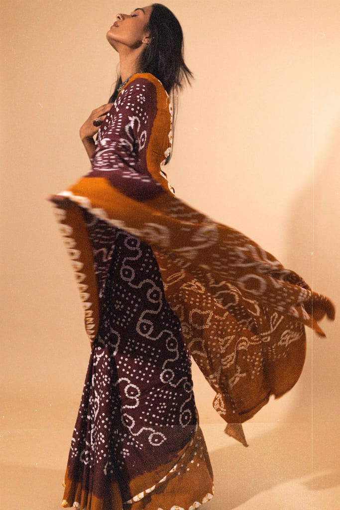 Boond - Bandhani mustard and brown cotton Bandhani cotton saree view 2