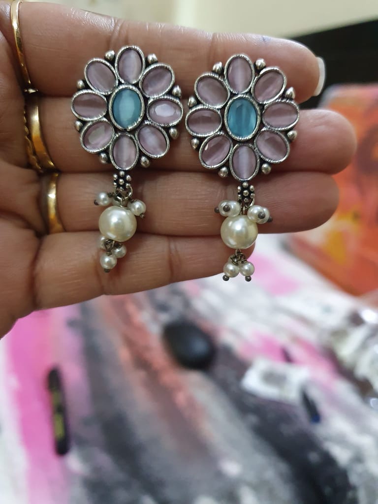 German Silver Oxidized Drop Studs Earrings view 2