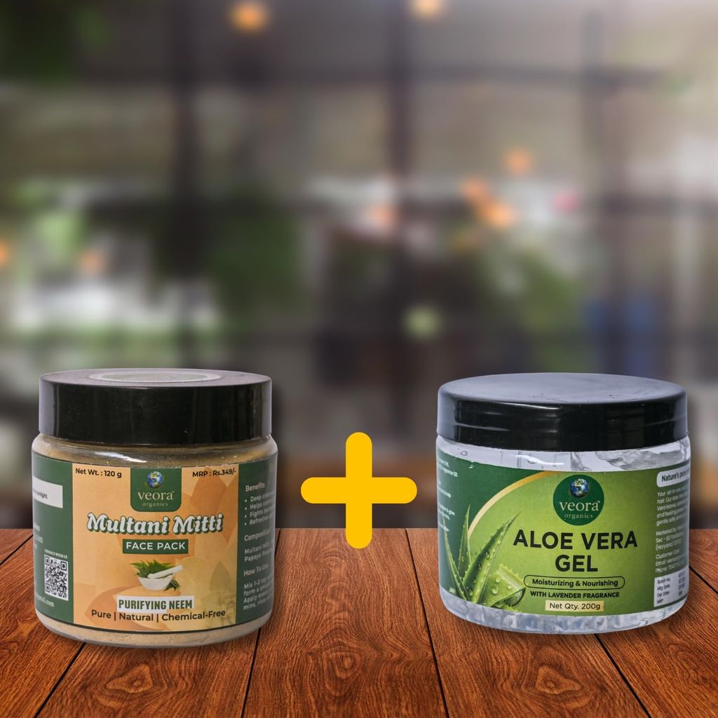 Veora Organics Neem Multani Mitti Face Pack & Aloe Vera Gel Combo | Purifying Deep Cleansing Face Mask with Hydrating Aloe Vera Gel | Acne Care, Oil Control & Skin Nourishing | Natural Chemical-Free Skincare | 120g + 200g view 2