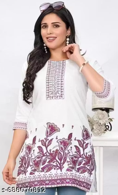 Women's Stylish and Trending White Base Cotton Short Tunic Kurti Seaquence Rose & Purple Eambroidered & Daman Printed One Side Pocket view 2