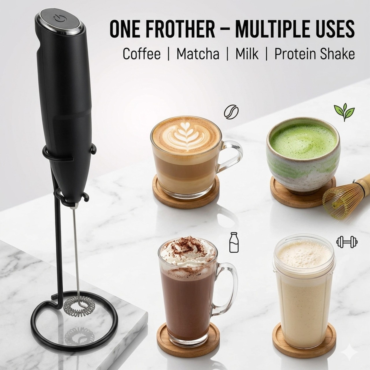 TrueSnap Mini Electric USB Rechargeable Handheld Milk Frother & Whisk, Portable Foam Mixer for Coffee, Latte, Cappuccino, Matcha & Kitchen Use - Black view 2