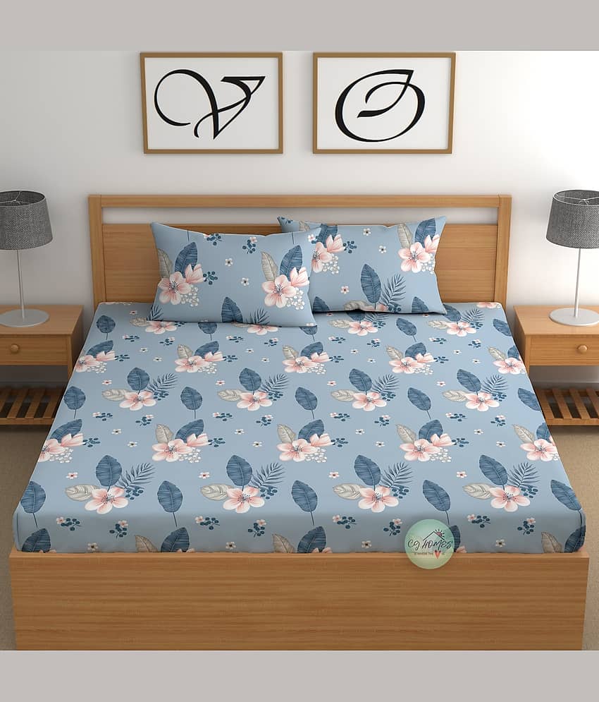 CG HOMES Cotton 1 Double Fitted Bedsheet with 2 Pillow Covers ( 220 cm x 220 cm ) , Blue view 2