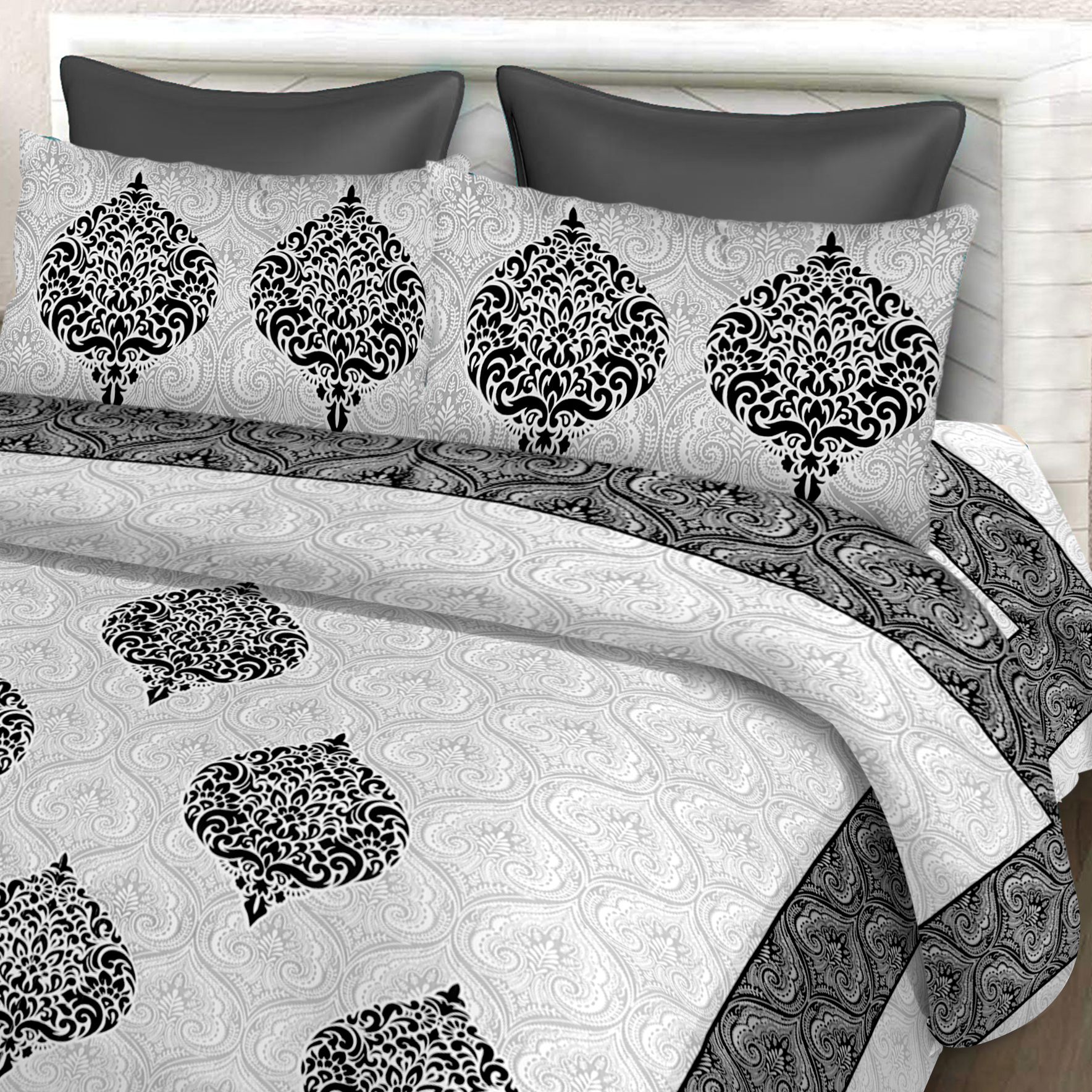 Lali Prints Jaipuri Black Printed Cotton 130 TC Queen Bedsheet with 2 Pillow Covers view 2