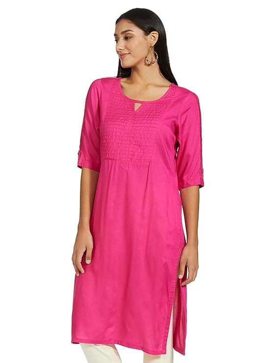 Elegant Pink Kurta with Detailed Yoke & 3/4 Sleeves view 2