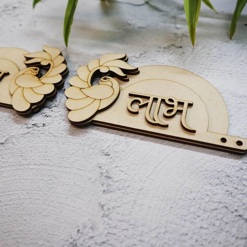 Haoser Peacock 2Style Shubh Labh for Home Decoration, Unfinished Wooden Shub Labh Cutouts for Diwali, Wedding, Parties, and Special Occasions, Wooden Shub Labh for Painting DIY Crafts view 2