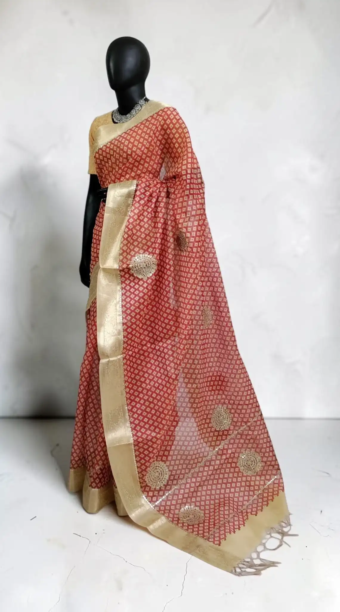 Kota Doria Handloom Saree in Brick Red with Zari Border and Blouse view 2